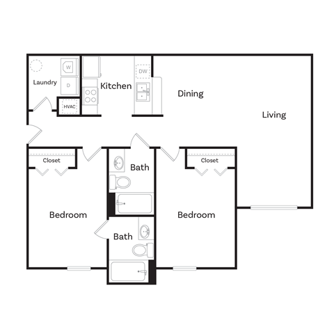 Floor plan for 2 beds, 2 baths, 966 sqft